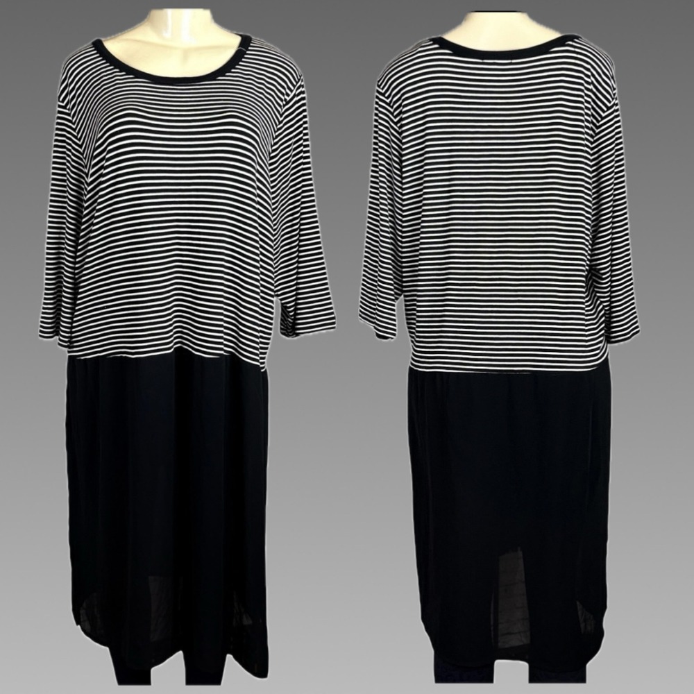 Cha Cha Vente +2X Long Tunic Top Black White Striped Crew Mixed Media 3/4 Sleeve